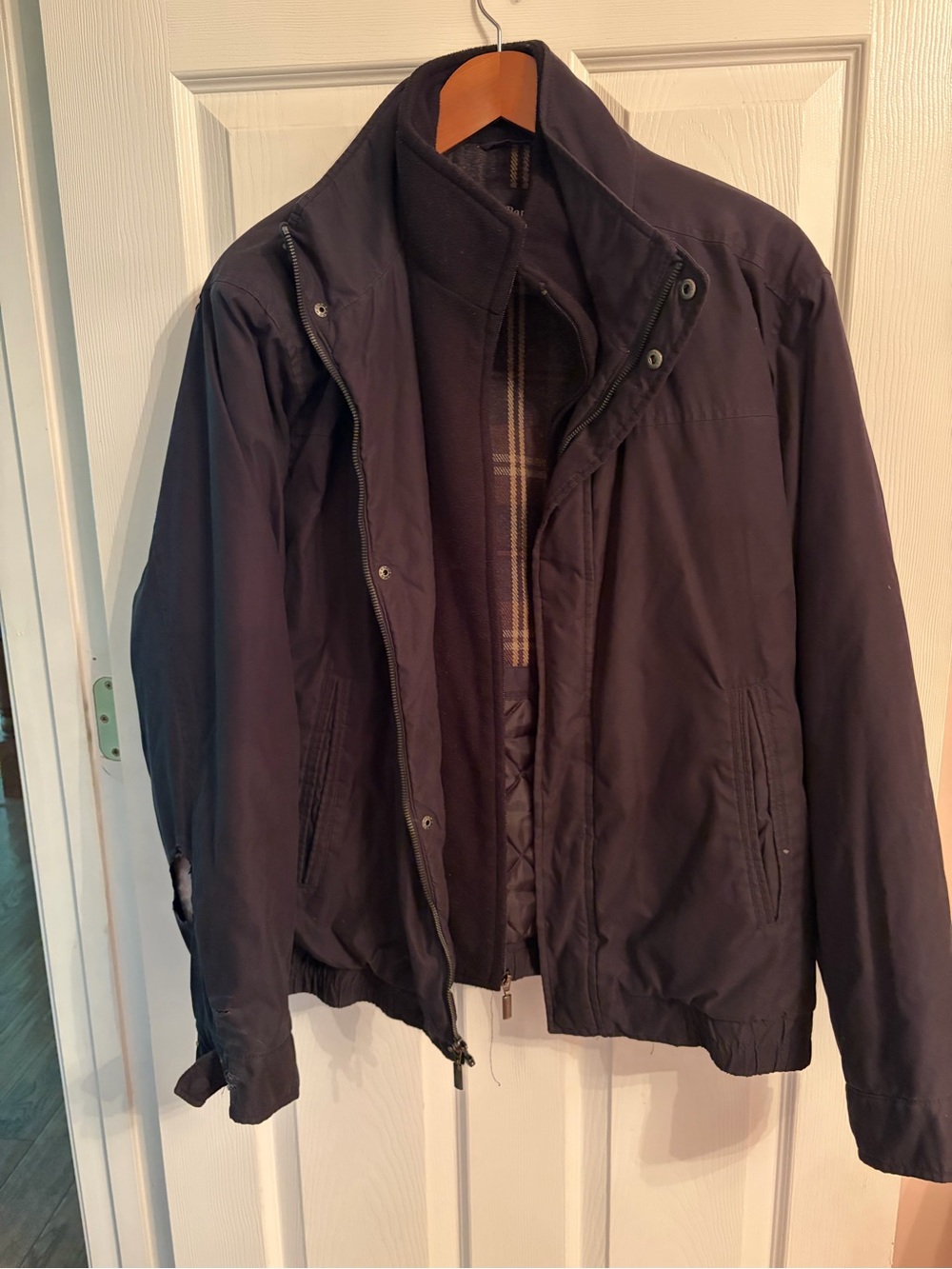 Men's Navy Bomber Jacket - Classic Casual Coat with small rip on the sleeve